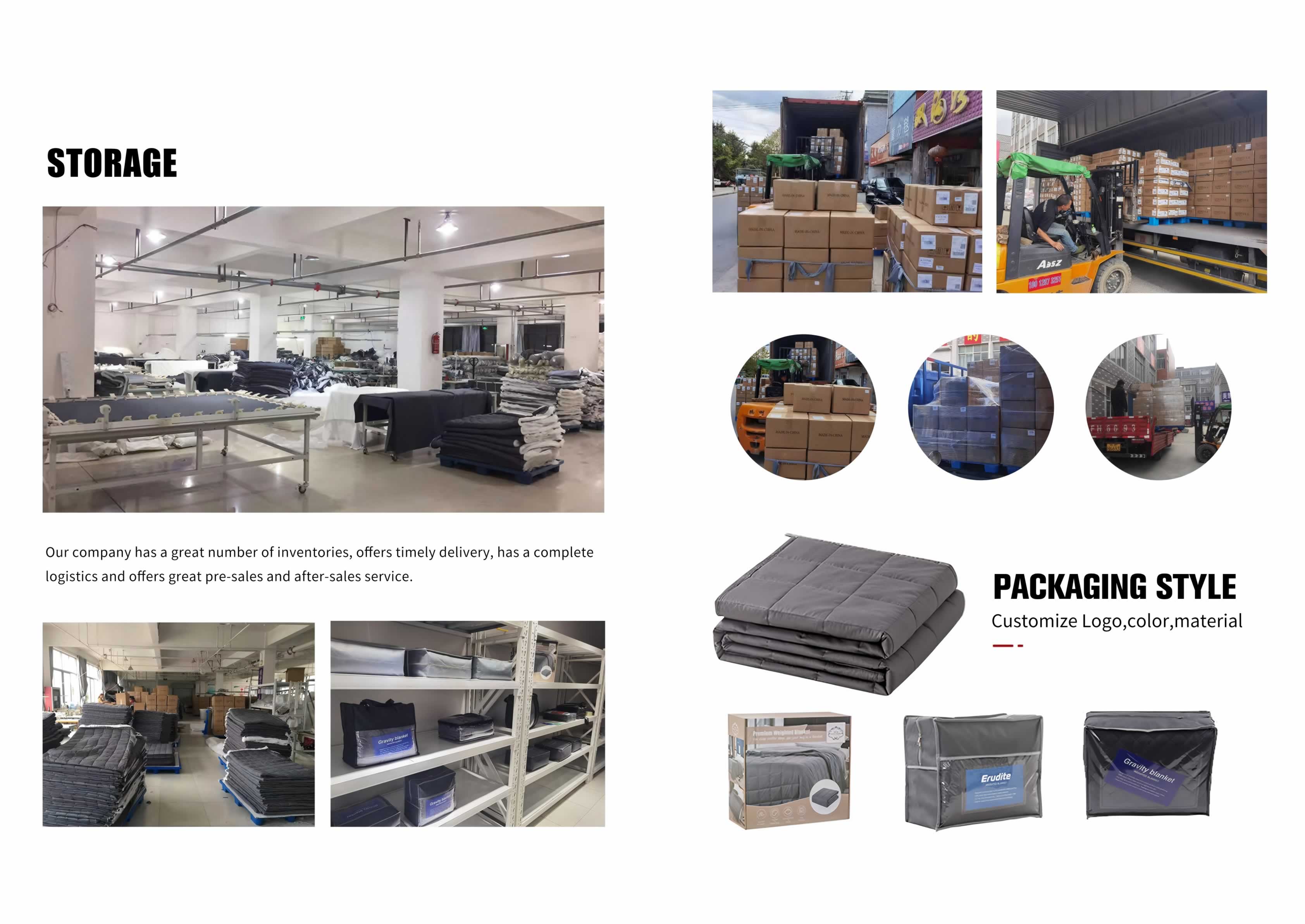 Weighted blanket storage warehouse, export shipping, and custom packaging styles