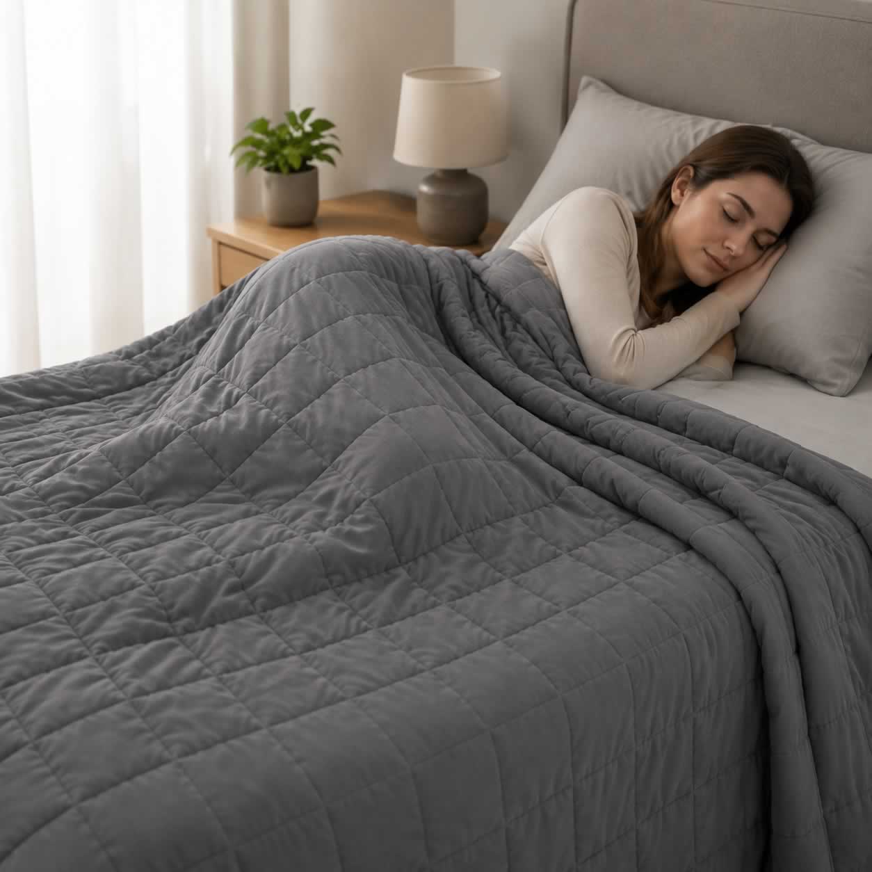 Woman sleeping peacefully under a gray weighted blanket manufactured by YiBai Home