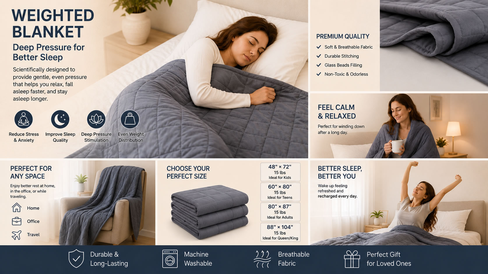 Weighted blanket infographic showing deep pressure benefits, premium quality features and size options