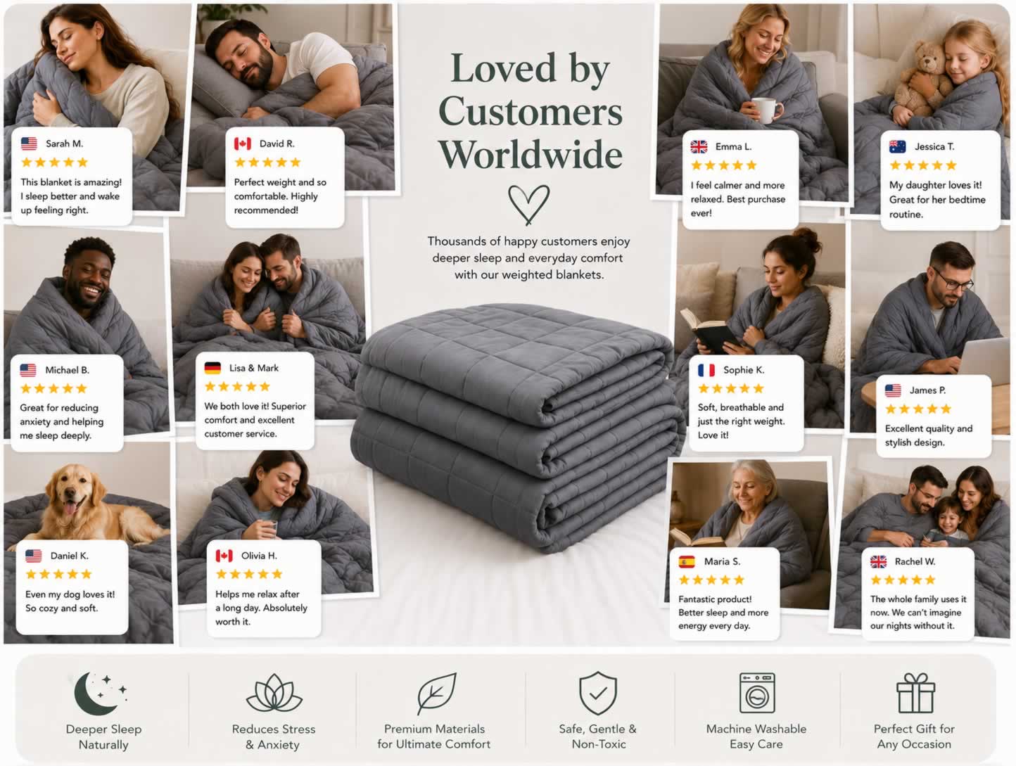 Collage of happy weighted blanket customers worldwide with five-star reviews from the US, UK, Canada, Australia and Europe